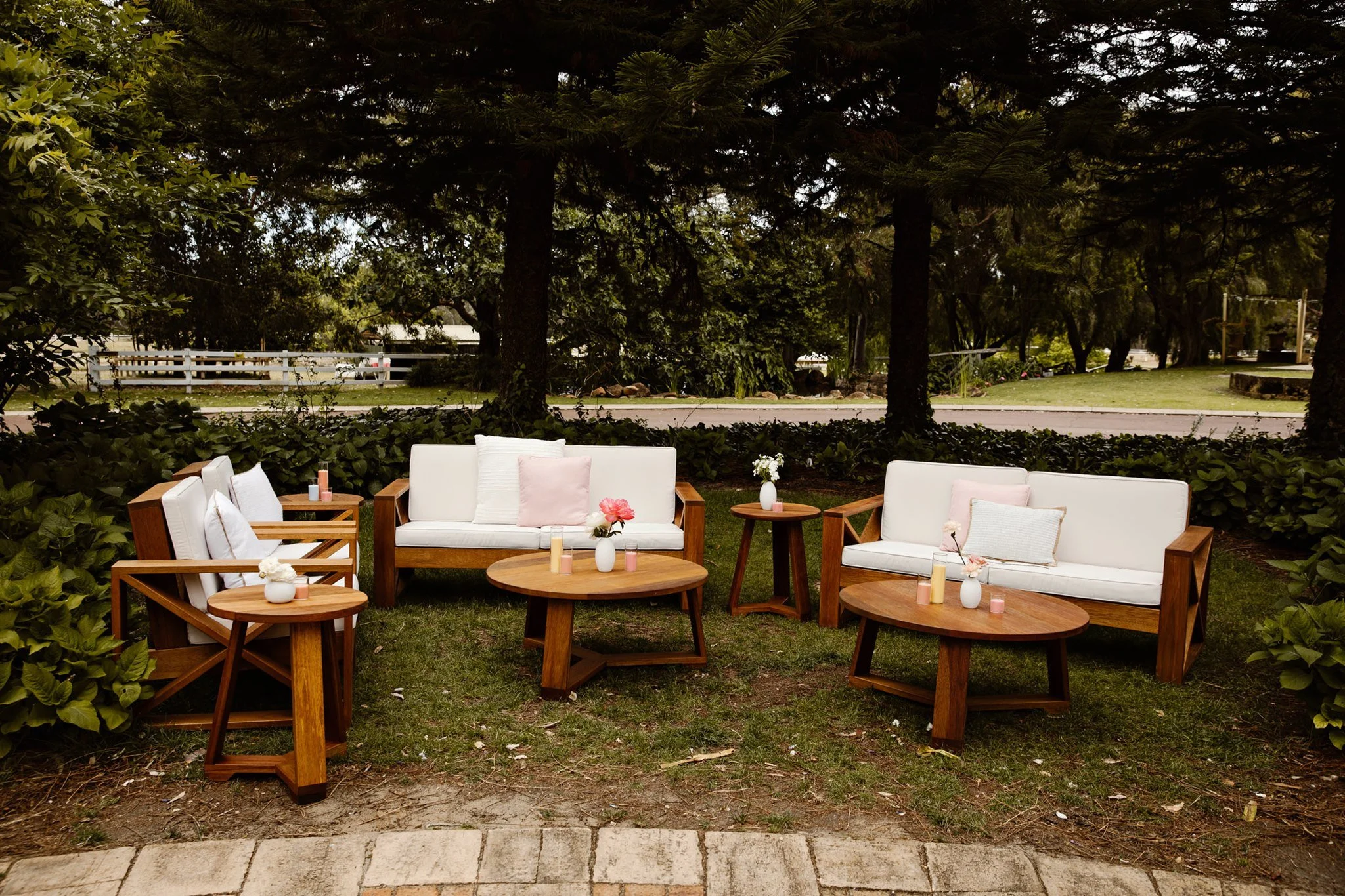 Lizzie timber coffee table in a wedding lounge setting