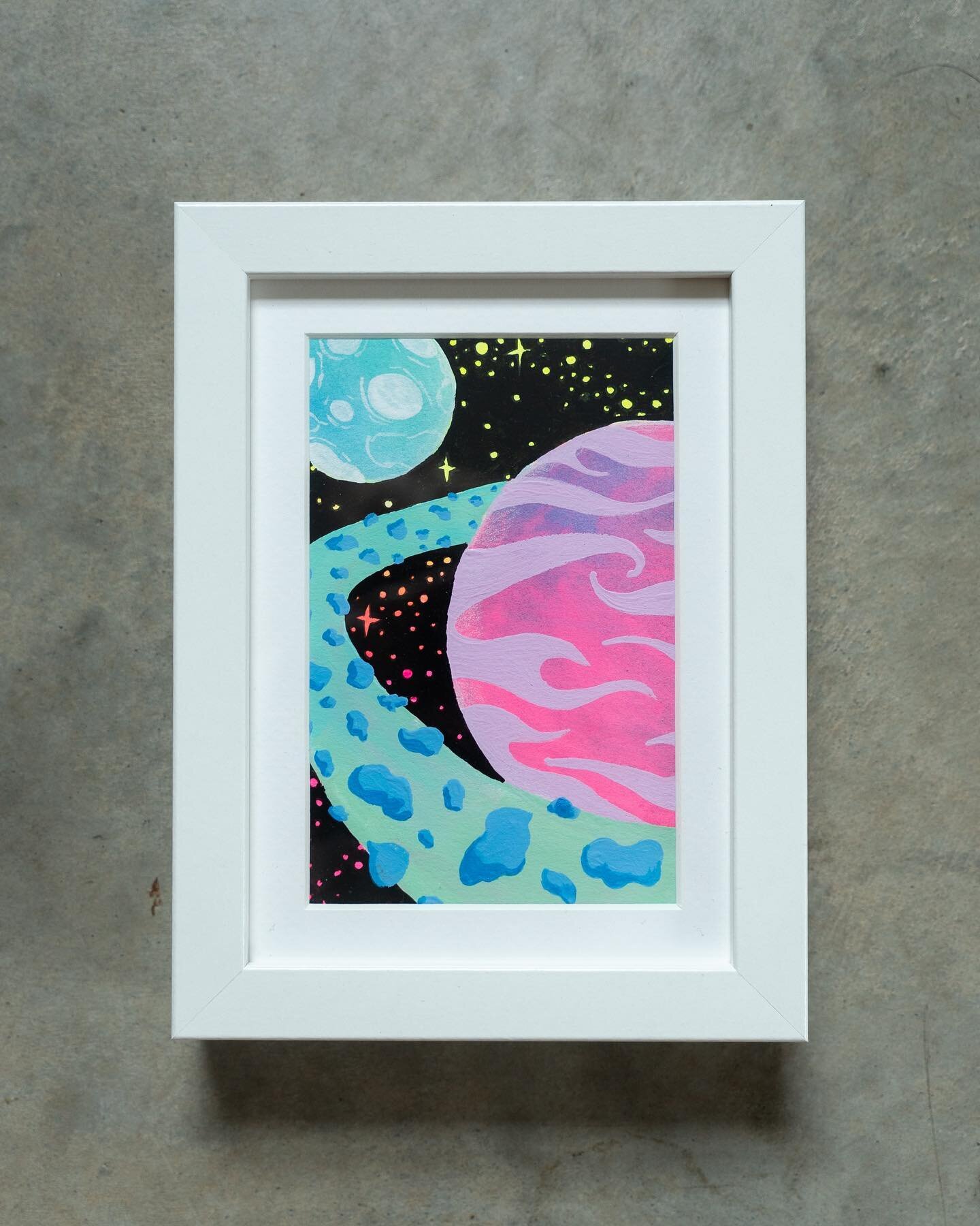 Realised I didn&rsquo;t post many photos of the final pieces I created for my first little collection for a collective art show in May. 
Here is one of the mini paintings &ldquo;Flight through the asteroid belt&rdquo; 🚀 

Watercolour and Gouache on 