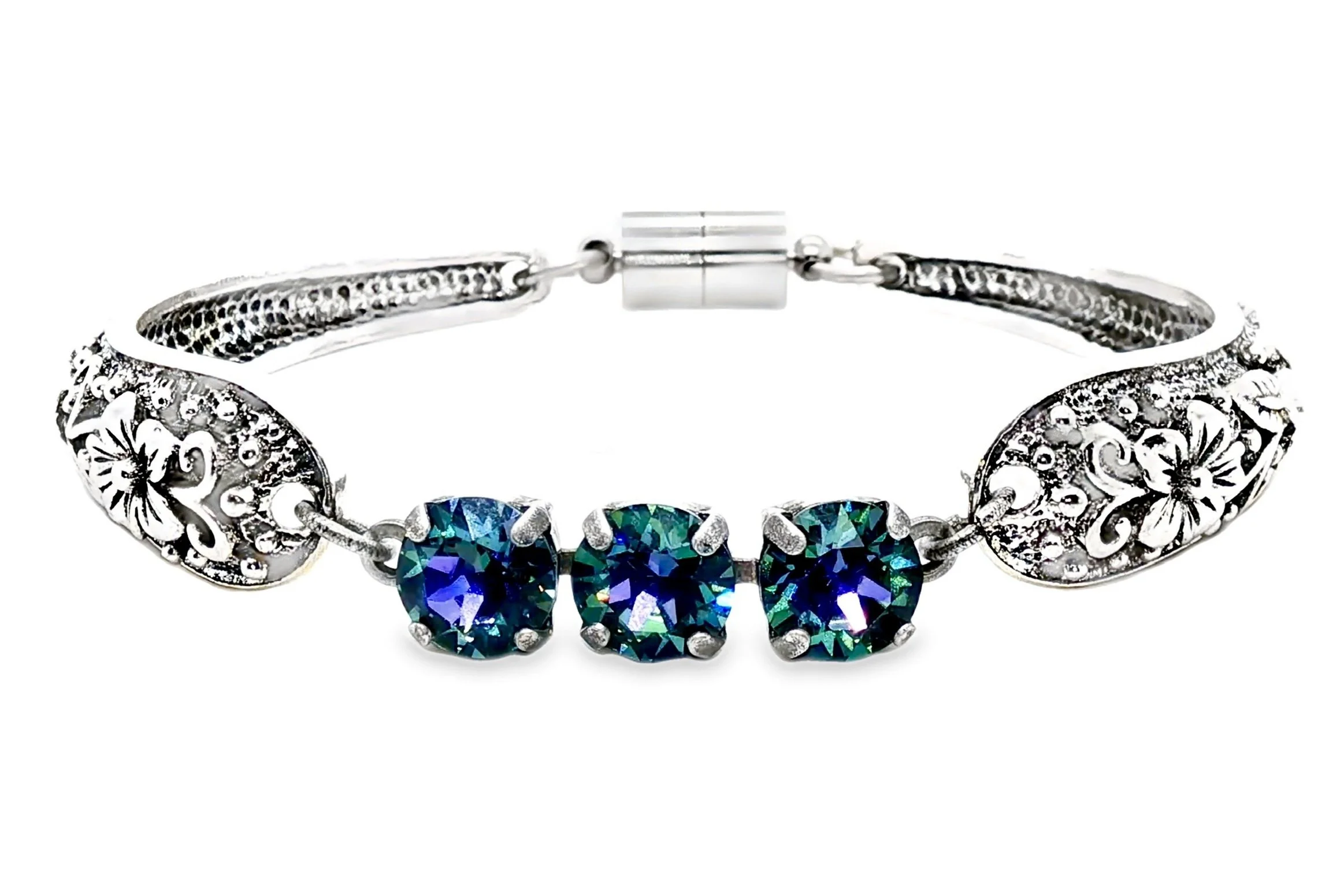 One of a Kind Silver Flower Cuff Bracelet with Austrian Crystals