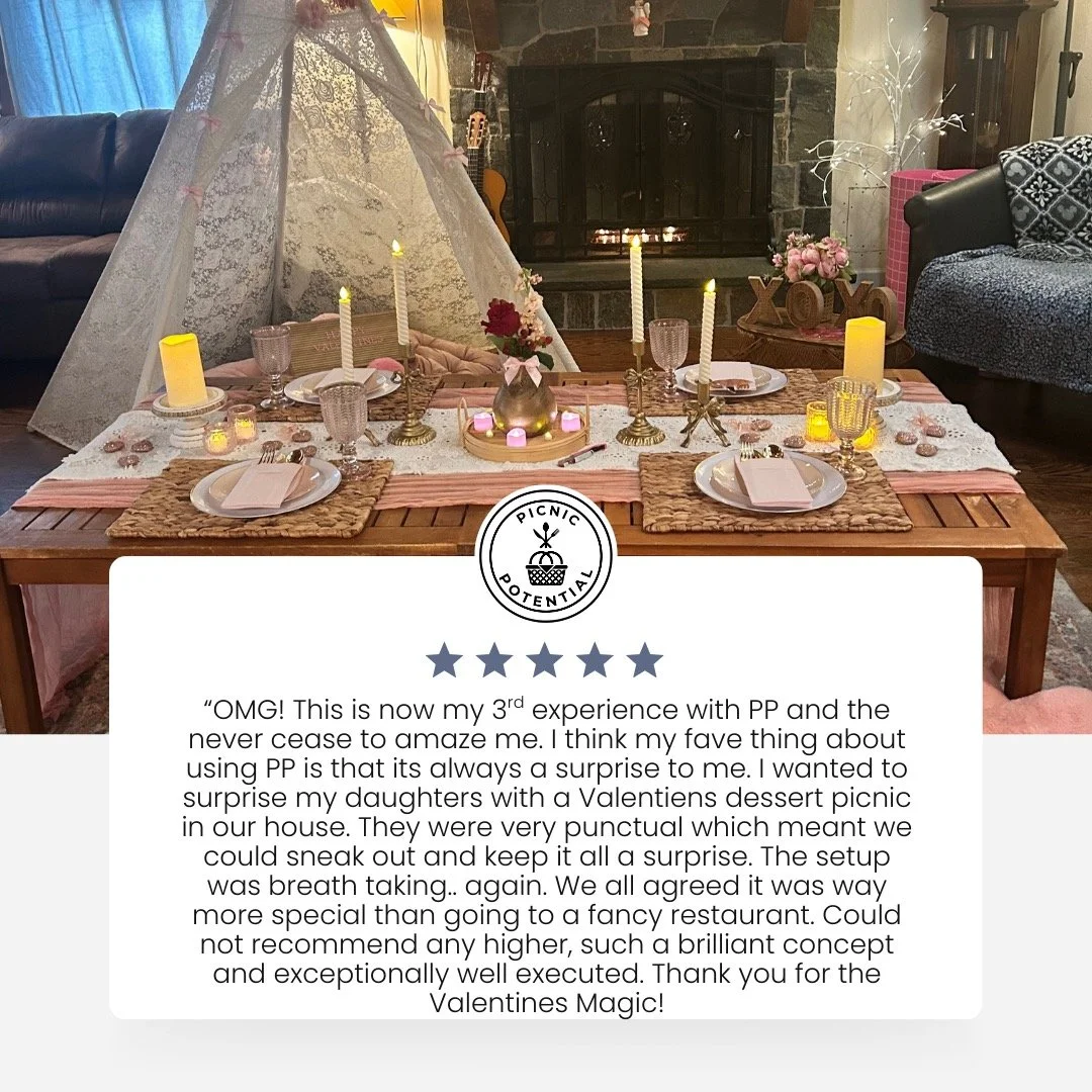 We love our clients and when they call and ask for a special Valentines picnic, we make the time. We loved being a part of this surprise dessert picnic. Wishing all of our clients a Happy Valentines Day today!