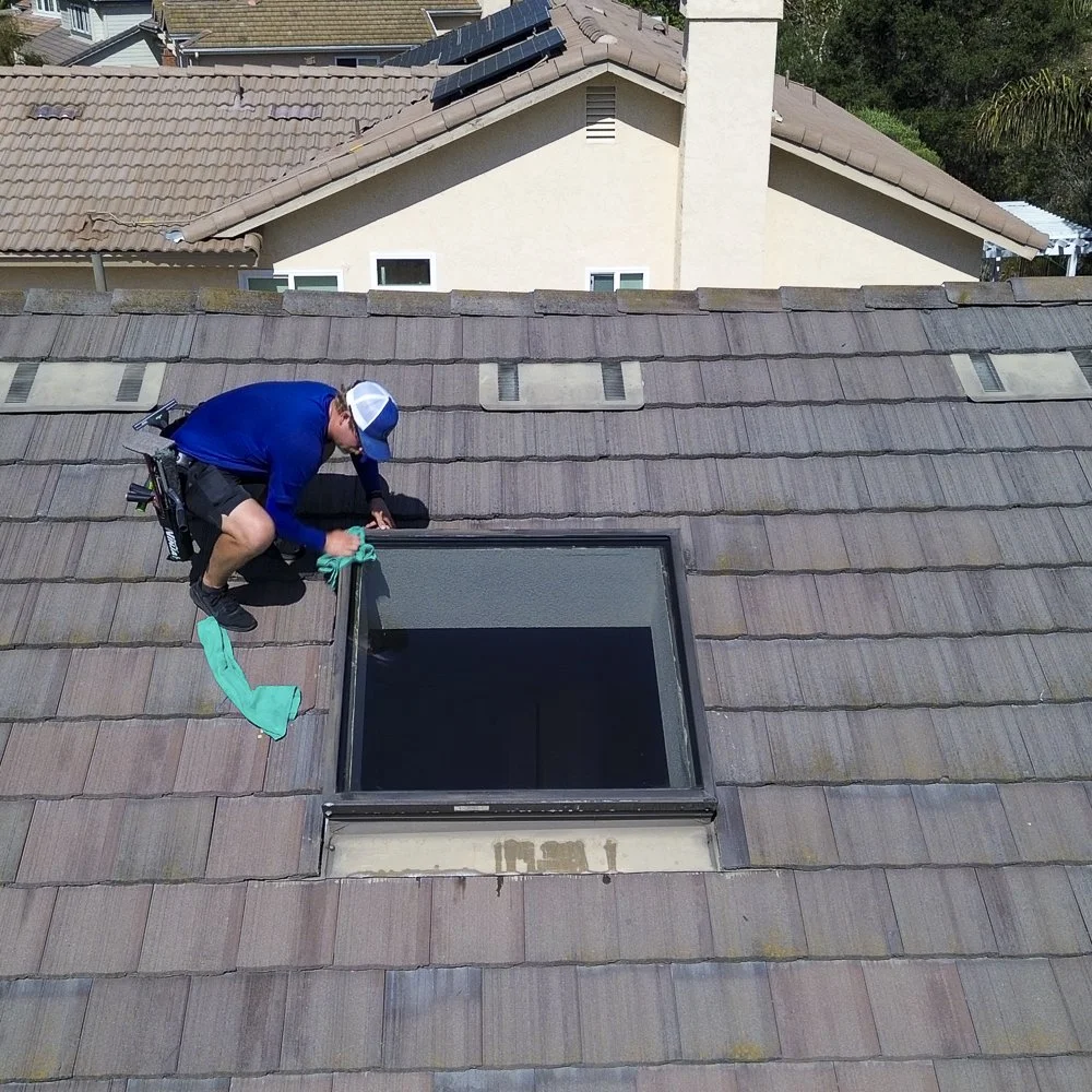 Window cleaner skylight drone photo