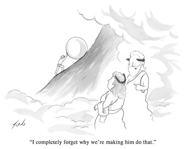 A black and white cartoon of a biblical scene with God and Adam in the Garden of Eden. God is talking to Adam, who is lying on his back with a surprised expression. In the background, a person is pushing a large sphere up a hill near a mountain with clouds above.