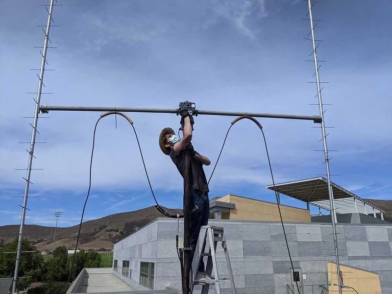 Lab members Kevin Kliner and Nicholas Sizemore worked together to repair the elevation rotor on the Ground Station last week. The Ground Station, located on the Cal Poly campus, allows lab members to track satellites and communicate with them as they