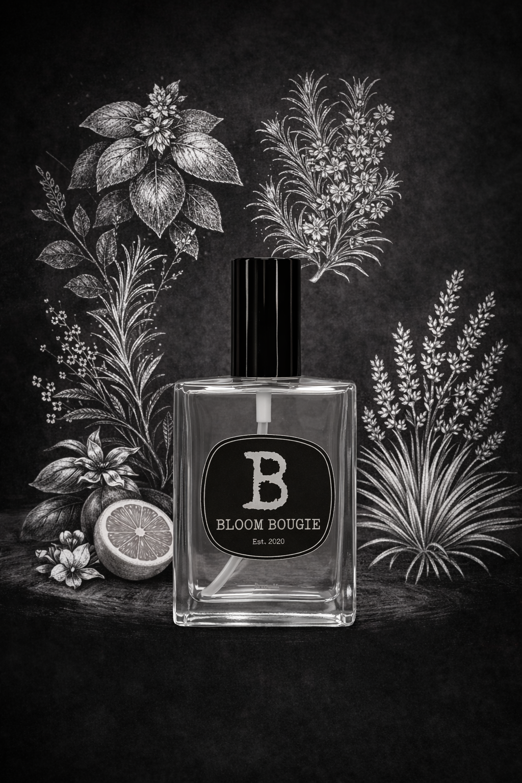 A halved fig with a shadow cast on a light background, featuring the text "FIGUE," "BLOOM BOUGIE," and "Est. 2020" beneath the fruit.