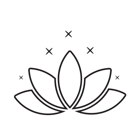 Line drawing of a blooming lotus flower with small stars around it.