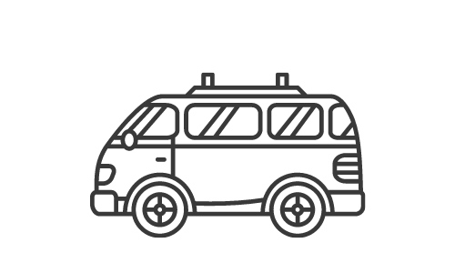Outline drawing of a vintage van with a rounded shape and windows on the side.