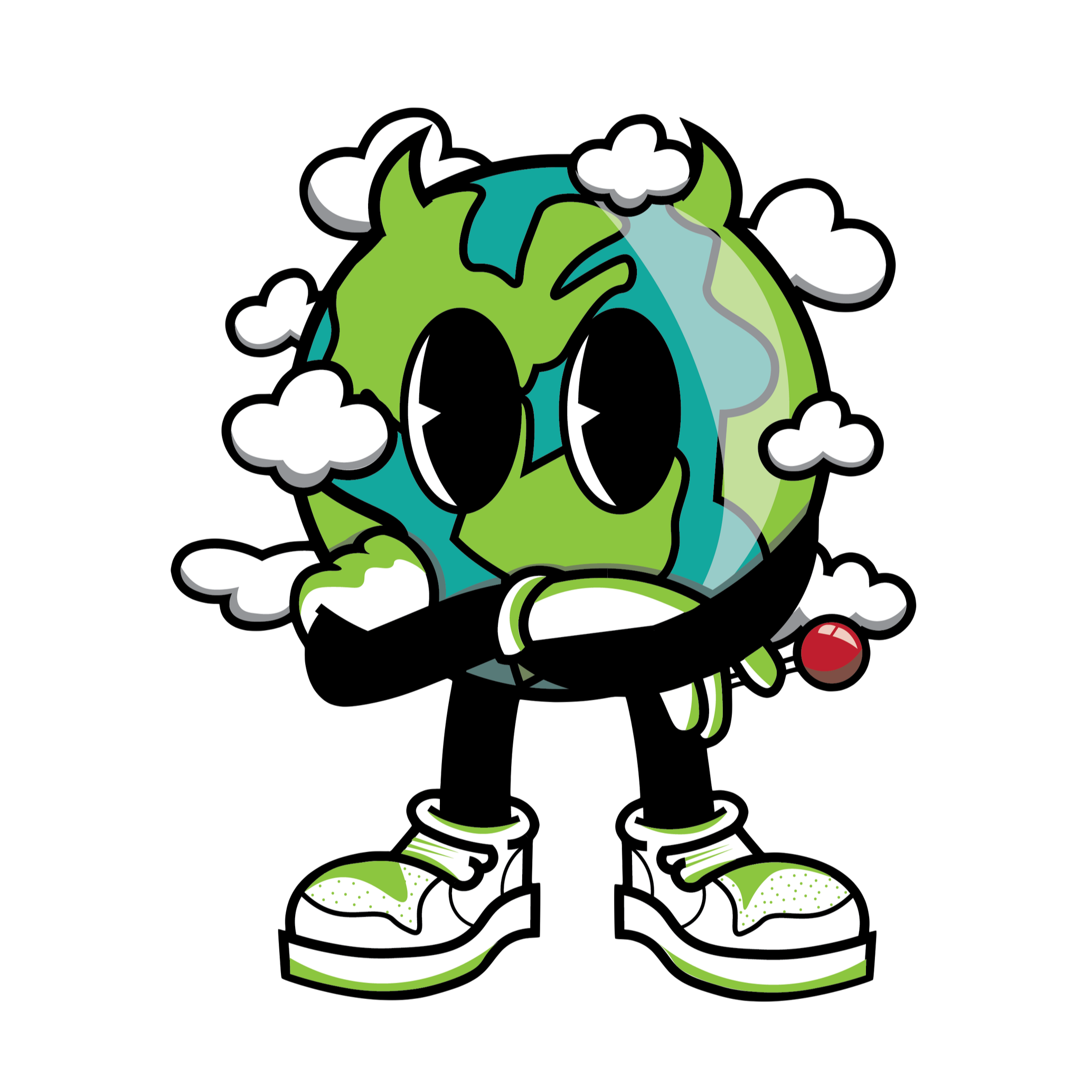 Cartoon Earth with large black eyes and small mouth, wearing sneakers and standing with arms crossed, surrounded by clouds and sun rays.