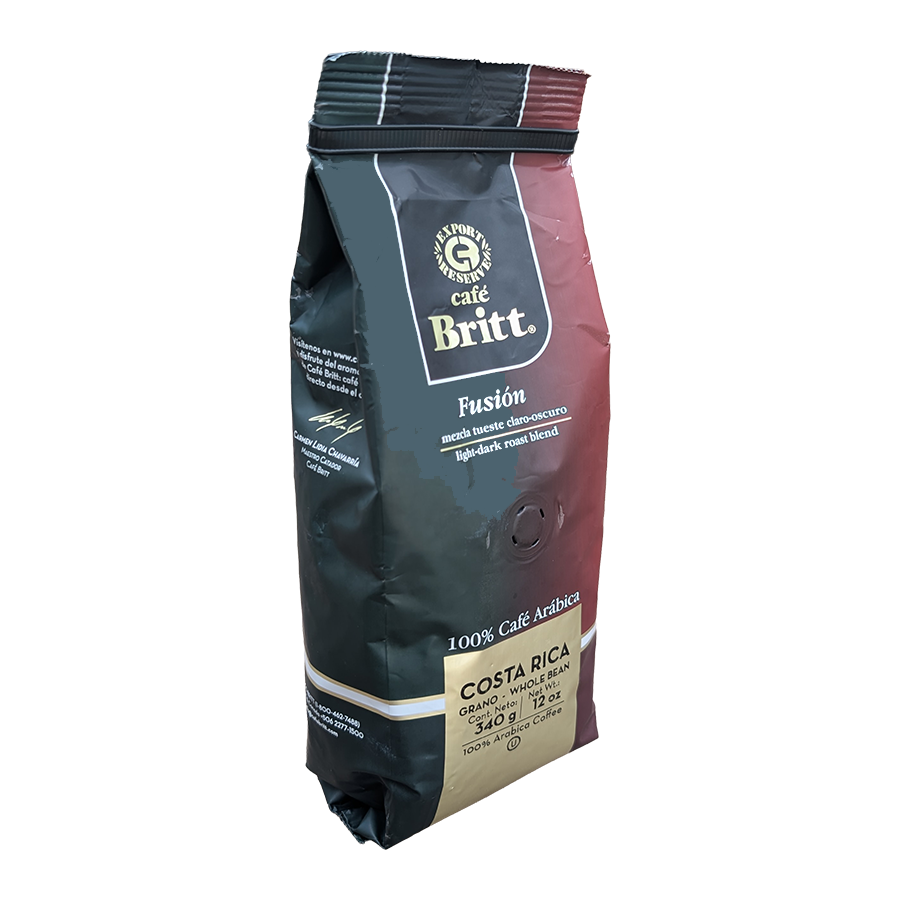 Red and green parti-colored bag of Costa Rican Coffee Cafe Britt Fusion.