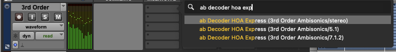 Screenshot of a digital audio workstation interface (Pro Tools), showing a search bar with 'ab decoder hoa express' typed in, and search results for 'ab Decoder HOA Express' with options for different 3rd Order Ambisonics formats.