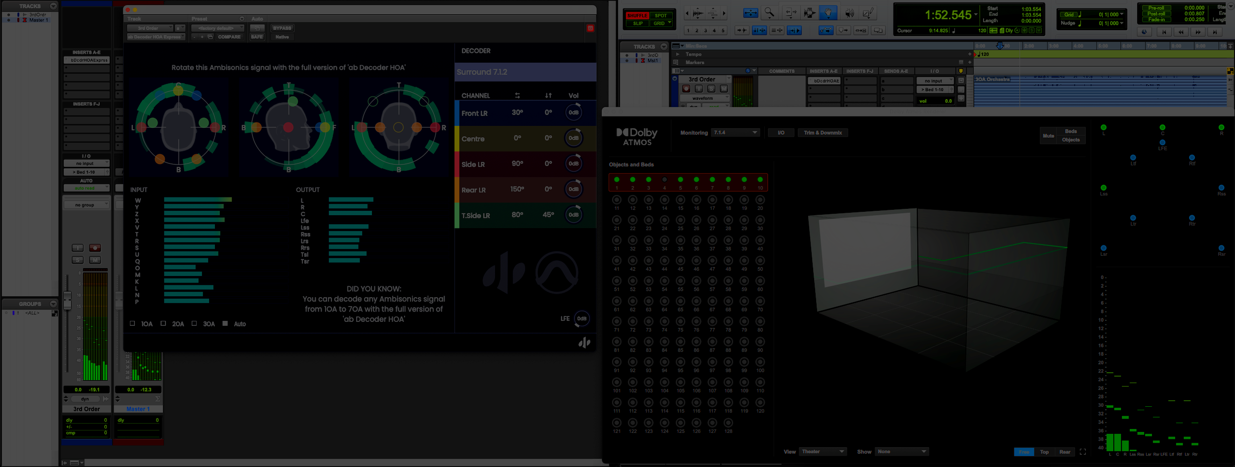Screenshot of audio mixing and sound control software with various graphical displays, meters, fader controls, and a timeline.