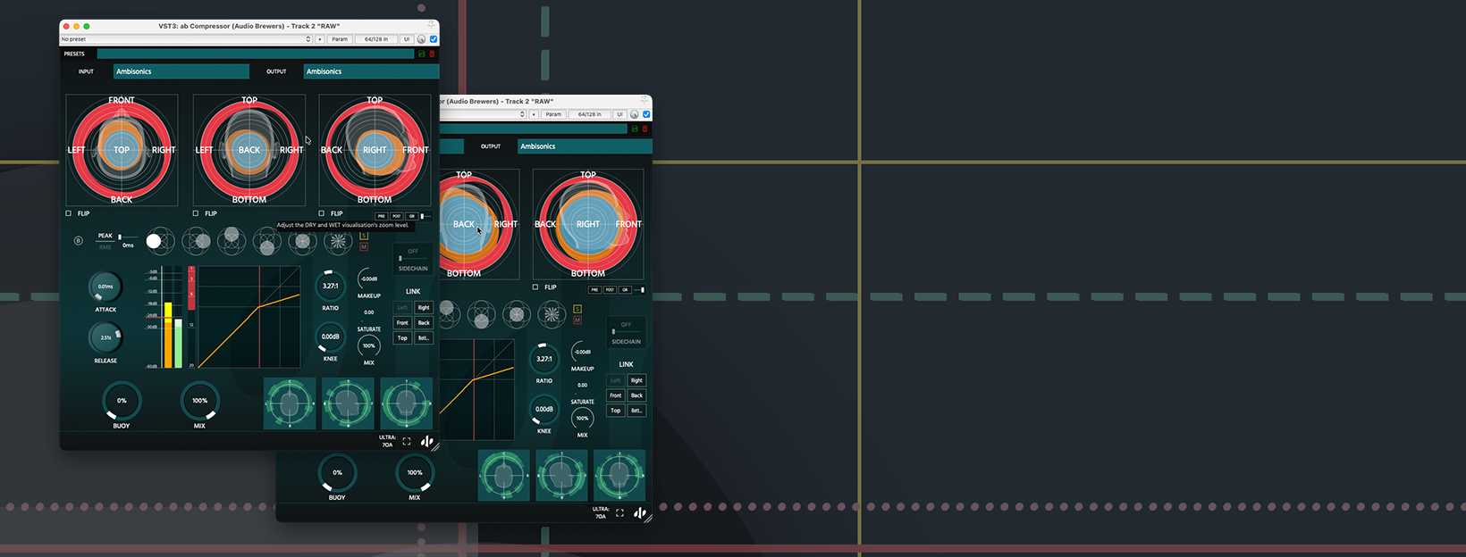 A computer screen displaying an ambisonics visualizer with various settings and graphs, including a globe-shaped visualizer, correlation slider, loudness levels, and energy distribution charts.