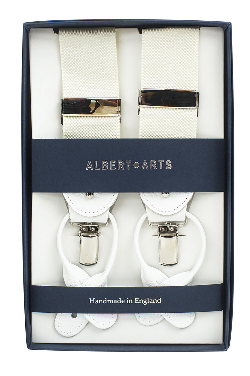Bretelles Blanc Ivoire - Double Attaches (pinces en laiton et boutonnières  en cuir) - Fabriquées à la main en Angleterre — ALBERT ARTS by Albert  Goldberg