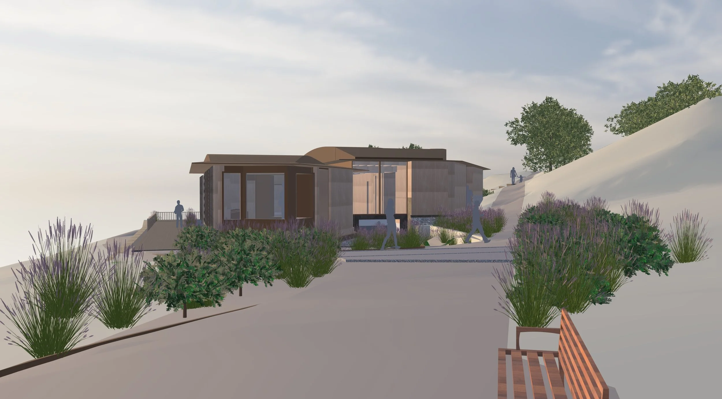 Image shows an artist impression of the West Hill Visitor Centre with shrubs and plants and silhouettesl