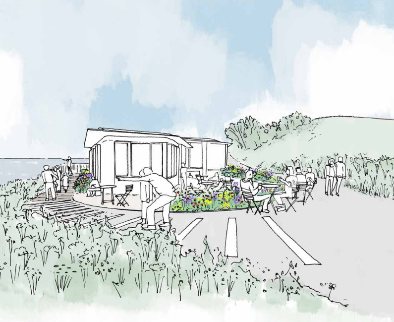 Image shows West Hill  Visitor Centre and people sitting at outside tables