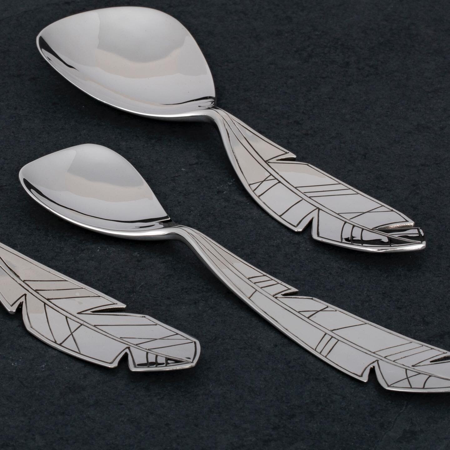 I adore these feather spoons by James Dougall - cutlery to lift the spirits!
James creates his spoons by forging a silver ingot by hand, hammering the metal to the desired form, then chiselling the design into the surface - this requires skill and a 