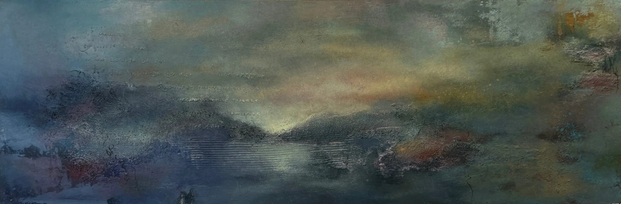 The Space Between
Oil and cold wax/plaster on birch panel
12” x 36”
