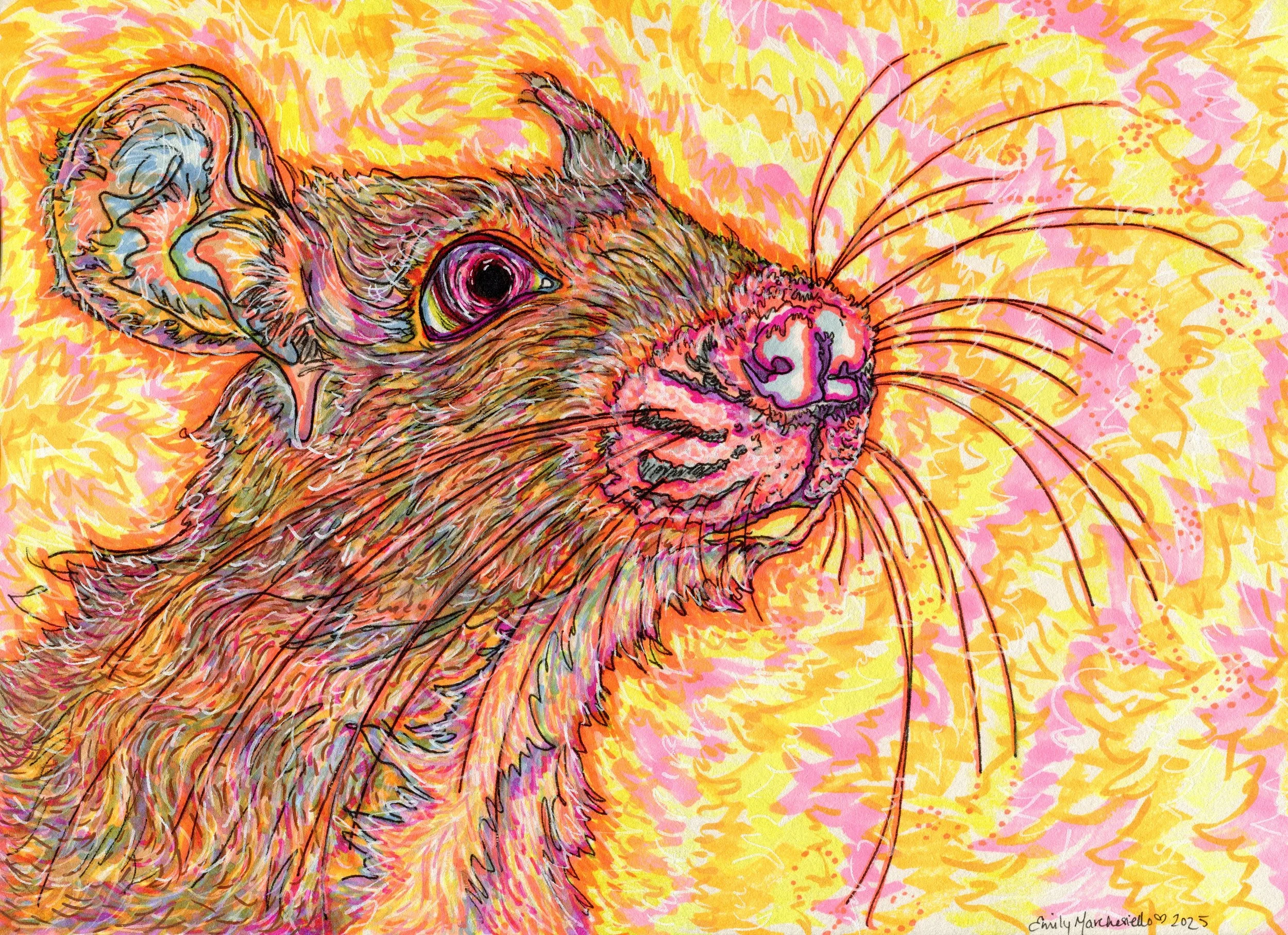 Mighty Mouse, mixed media ink on paper, 12"x9"
