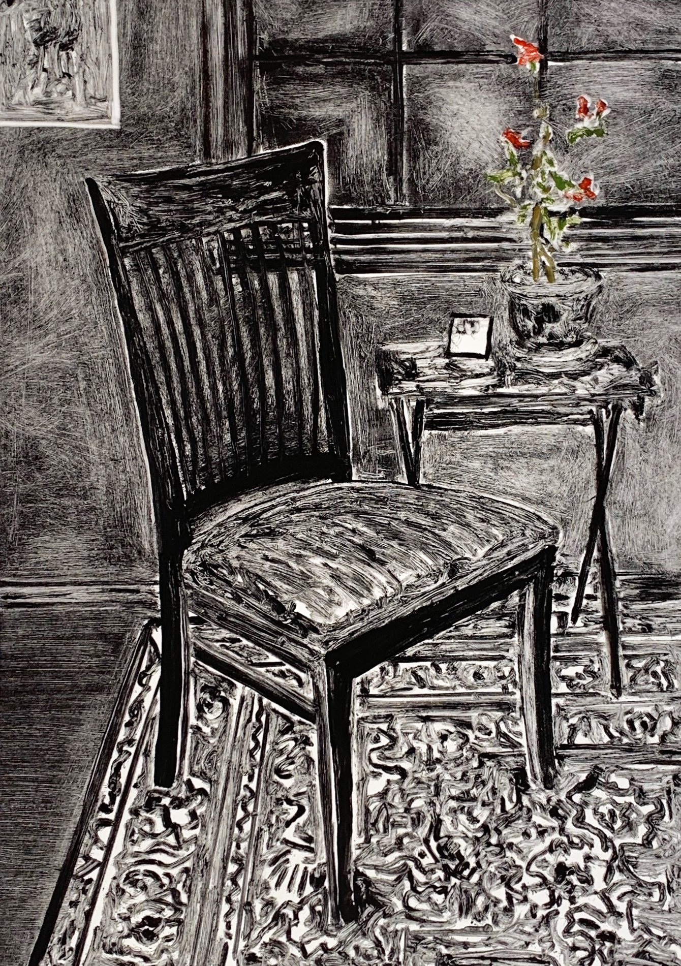 The Empty Chair and Geraniums, Monotype, 20 x 28, $650
