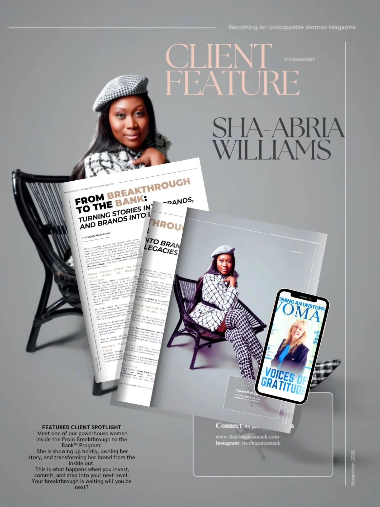 My client Sha-Abria Williams is officially featured in Becoming an Unstoppable Woman Magazine and I could not be more proud! 🥹

When women decide to heal, own their story, and step into their NEXT LEVEL&hellip; THIS is what happens. 

This is what I