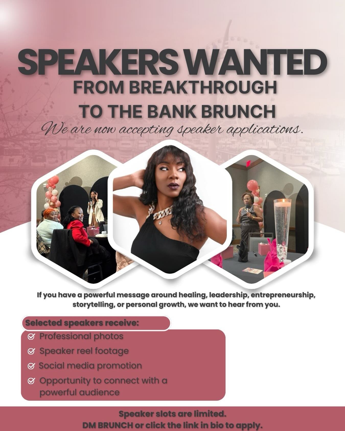 ✨ Speakers Wanted! ✨

Are you ready to share your message with a room full of women leaders, entrepreneurs, and change-makers?

We&rsquo;re now accepting applications for the Breakthrough to the Bank Brunch. If your expertise is in healing, leadershi