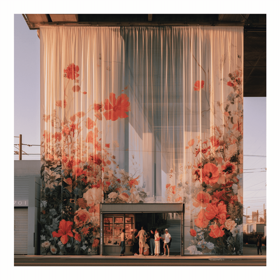 Small bookstore beneath urban infrastructure framed by large-scale floral mural artwork printed on translucent fabric panels.