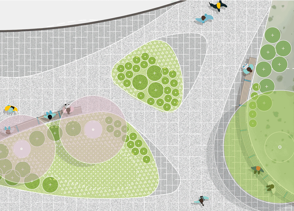 animation of concept study for a campus plaza, exploring how planting, seating, and paving pattern could inform the connection and movement
