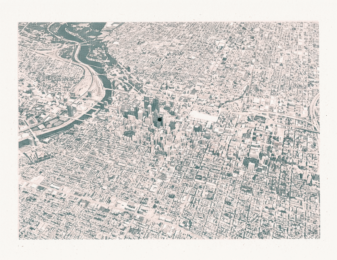 aerial view of center city philadelphia in risograph printing style