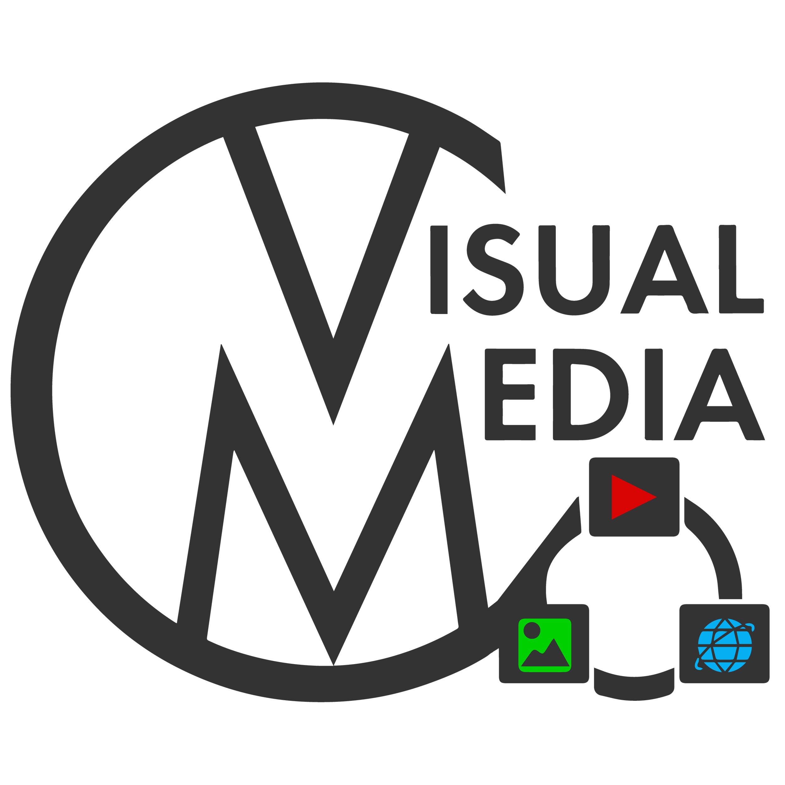 Logo of Visual Media, featuring a large circle with the stylized letters V and M integrated, accompanied by the text 'VISUAL MEDIA.' Smaller icons below include a green image icon, a red play button, and a blue globe with a network grid, all connected by curved lines.