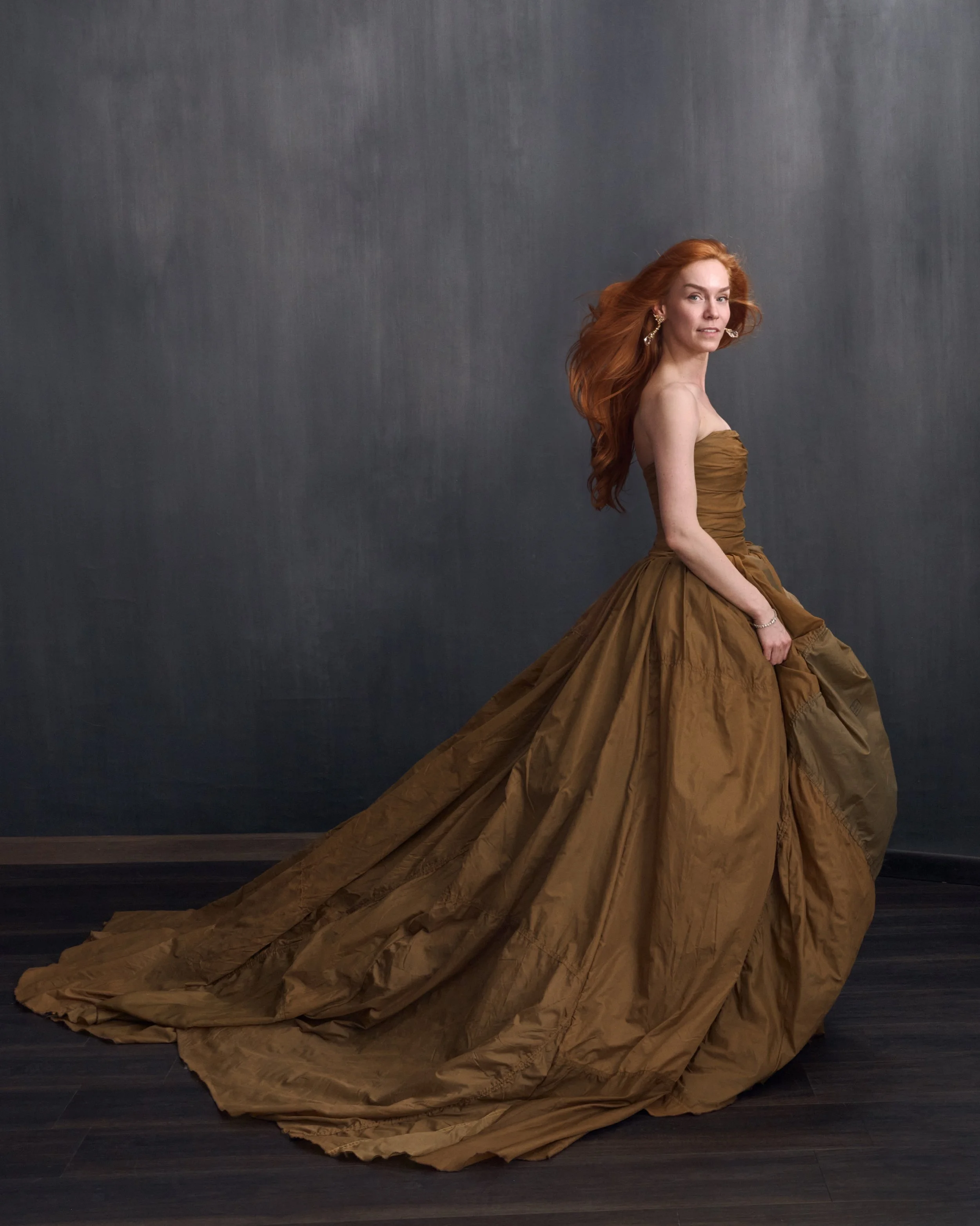 Documentary Filmmaker Kate Broug. Kate’s self-designed dress made from an actual WWII parachute to help commemorate her recent film, The Missing Airmen of WWII.
