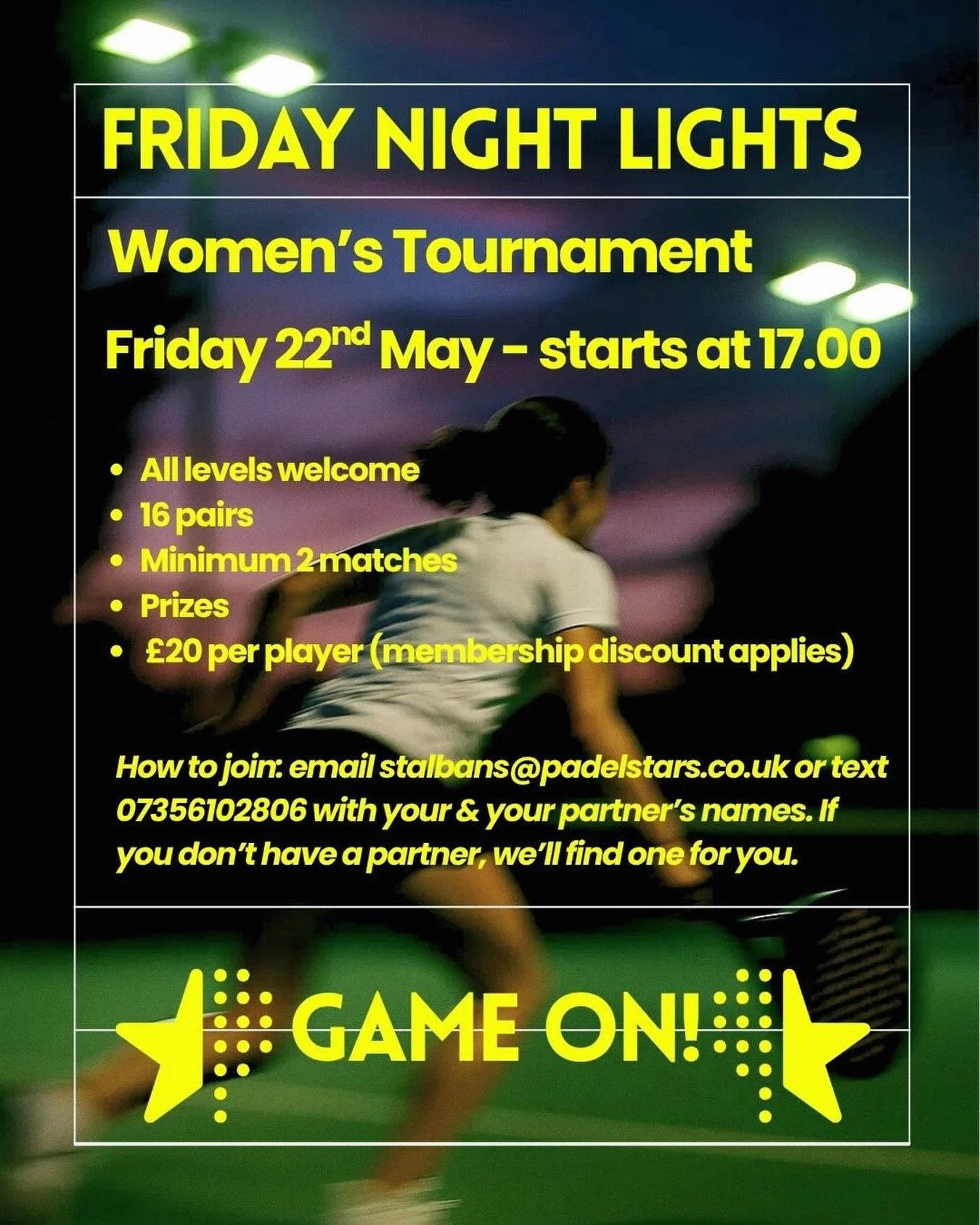 Friday Night Lights with our member @padelstars.stalbans 
🏆
The Women&rsquo;s Tournament will take place on Friday 22nd May, from 17:00
🚺
A fun, competitive evening of padel open to all levels. Whether you&rsquo;re experienced or just getting start