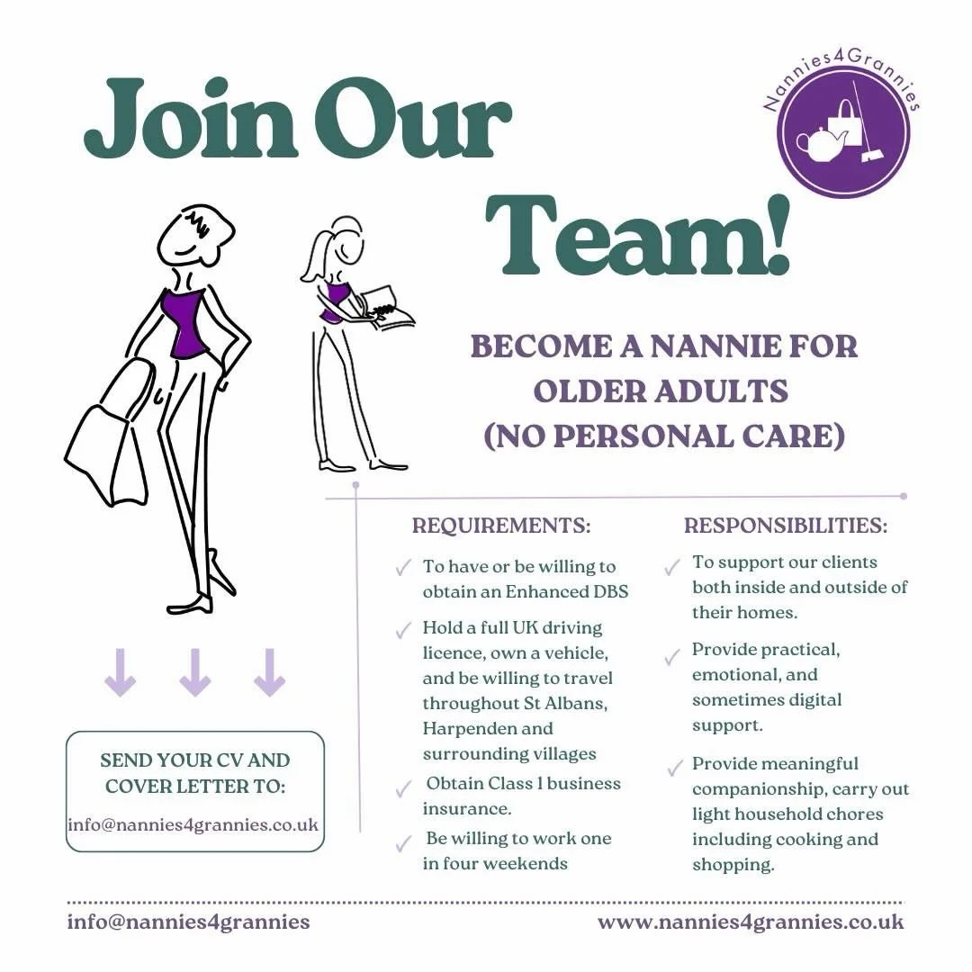 ✨ Join the Team at Nannies 4 Grannies ✨

Our member Nannies 4 Grannies, help older people continue living independently at home by providing support with everyday household tasks, companionship, trips out, meal preparation, light housework, respite c