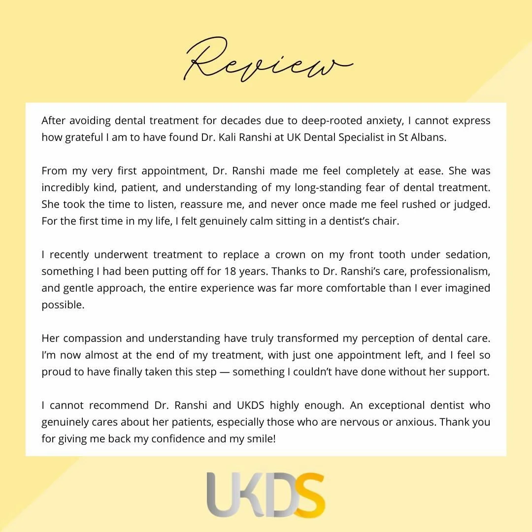 Our member @ukdentalspecialists helped their patient overcome years of dental anxiety 
🦷
With patience, compassion and a gentle approach, even the most long-standing fears can be overcome. 
💫
From the very first visit through to treatment under sed