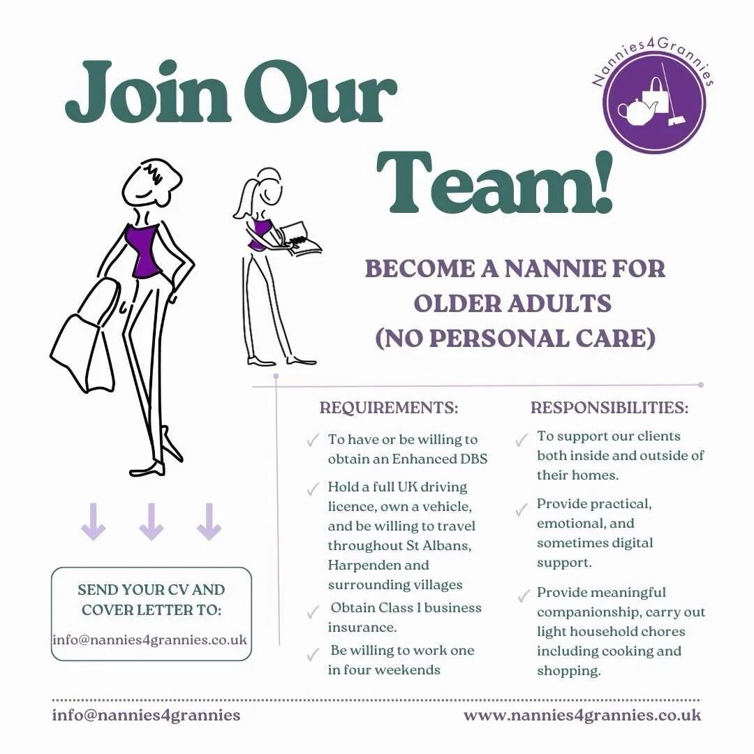 ✨ Join the Team at Nannies 4 Grannies ✨

Our member Nannies 4 Grannies, help older people continue living independently at home by providing support with everyday household tasks, companionship, trips out, meal preparation, light housework, respite c