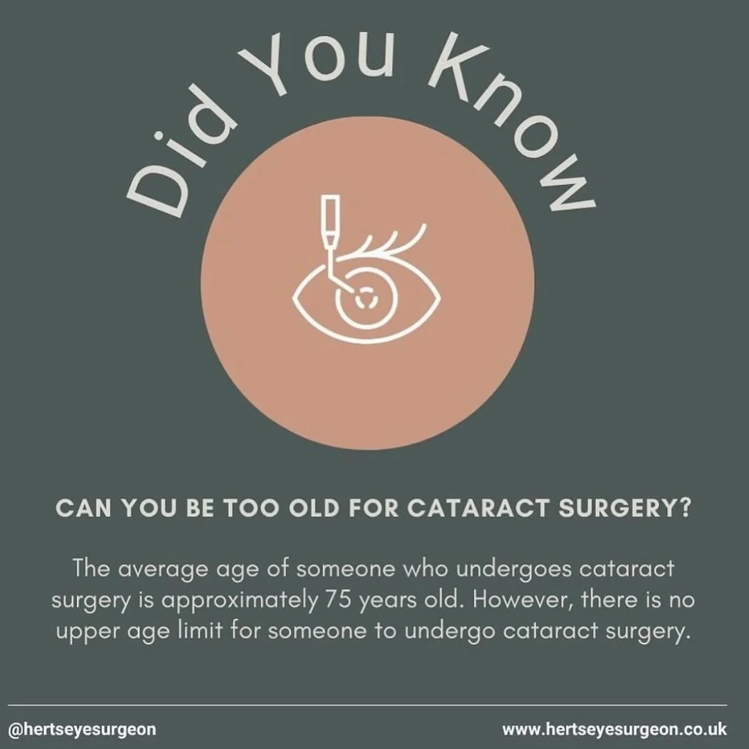 Can I be too old for cataract surgery?
👀
The short answer by our member @hertseyesurgeon is, no! 
🫶
A cataract is an ageing of the natural lens in the eye, causing blurred vision. The average age of someone who undergoes cataract surgery is approxi