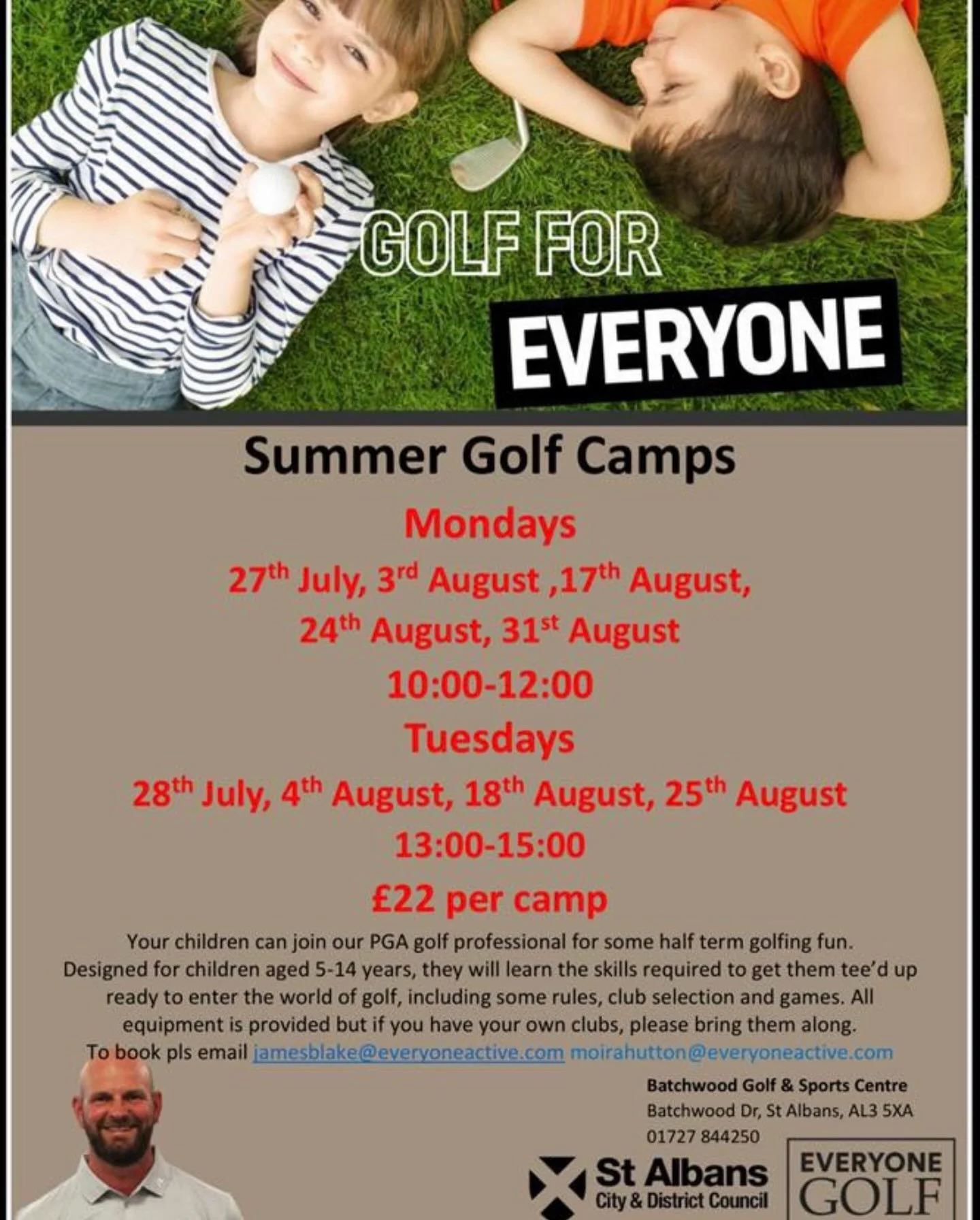 Junior Summer Golf Camps ⛳ 

Give your child the chance to learn, improve, and enjoy golf this summer at @everyoneactive_batchwood 

👧👦 Ages 5&ndash;14 Years
📍 Batchwood
💷 &pound;22 per camp

🗓️ Monday Sessions
⏰ 10:00am &ndash; 12:00pm

&bull; 