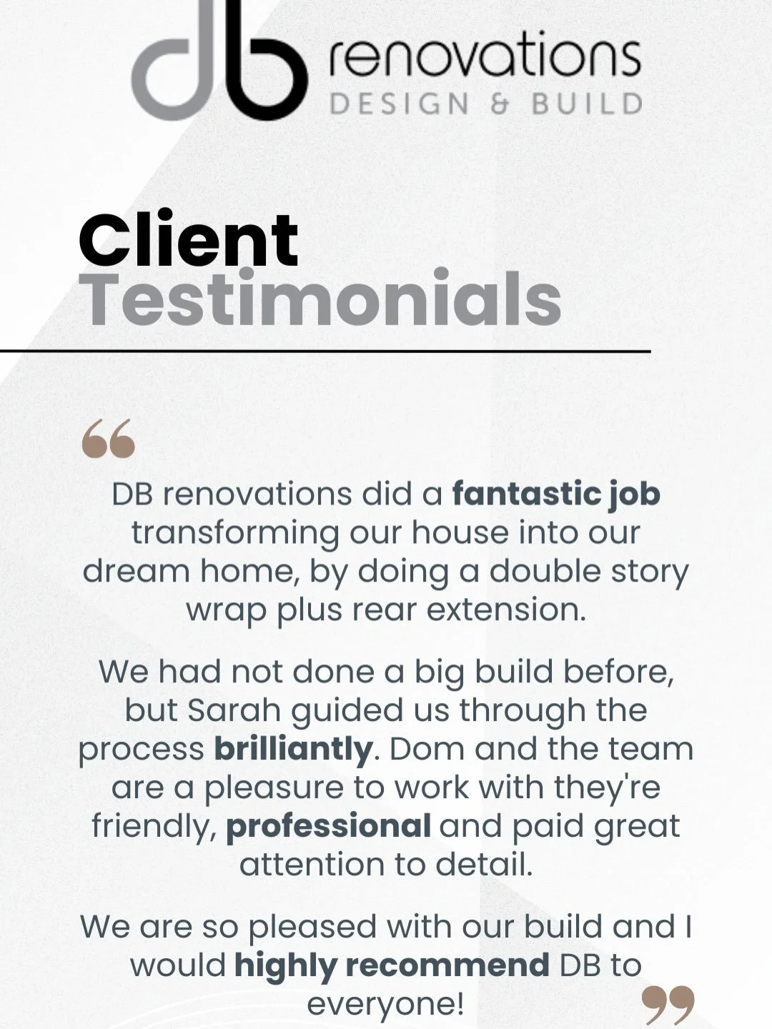 Here&rsquo;s what their clients are saying about their experience with our member @db_renovations.
🫶
Carrying out extensions, renovations, refurbishments, structural alterations, complete design and build services and more, they pride themselves on 