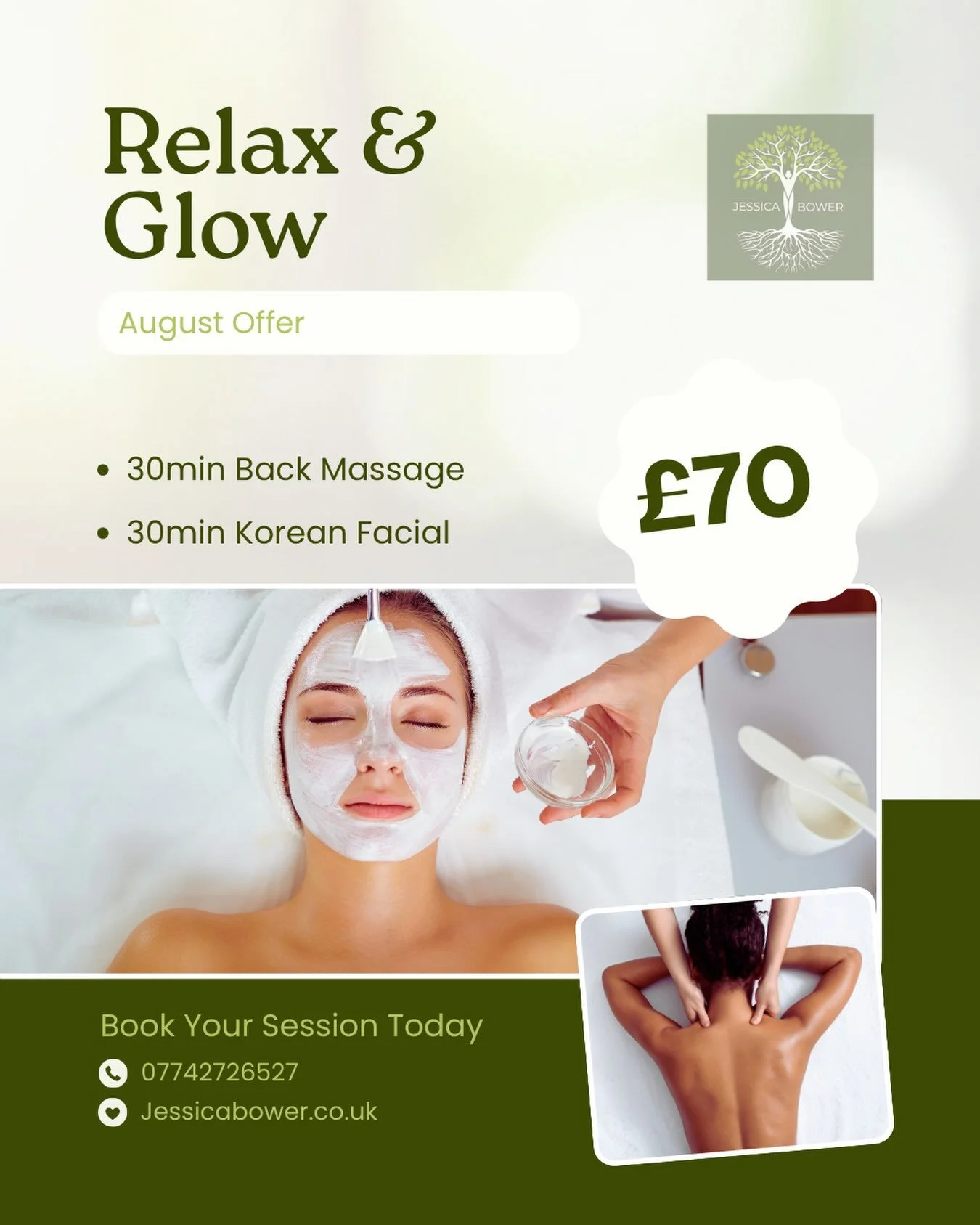 ✨ Relax &amp; Glow- August Offer ✨  Take time for you this August with our member @jessicabower_wellness 
🌿 
This august get:  30-Minute Back Massage 30-Minute Korean Facial 💆&zwj;♀️ For only &pound;70 (Save &pound;25!) 💫 The perfect combination t