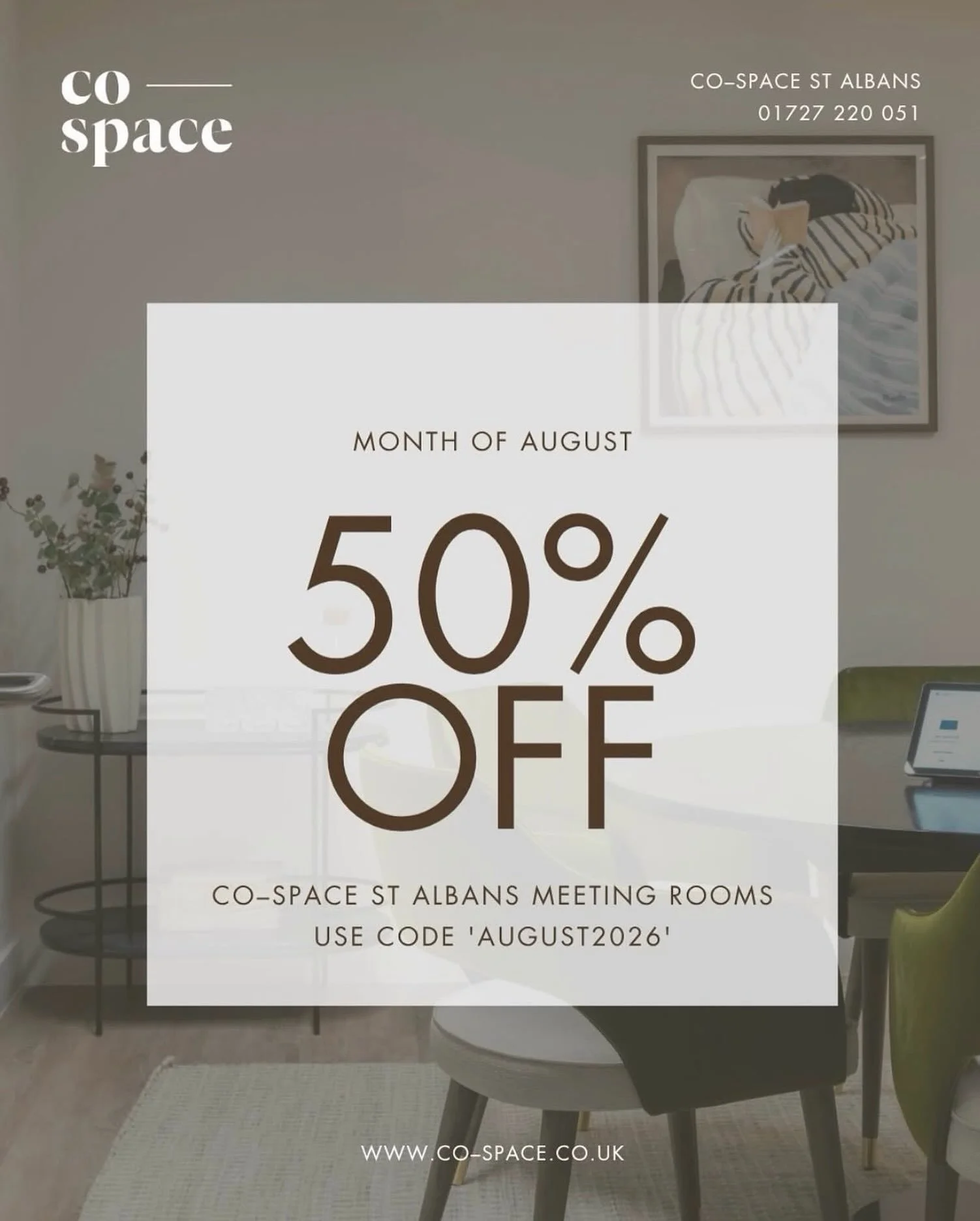 📅 Need a professional space for your next client meeting, strategy session or workshop? 📅

For the entire month of August, our member @wearecospace is offering 50% off all St Albans meeting room bookings.
☕️
- Complimentary tea and coffee 
- Fast a