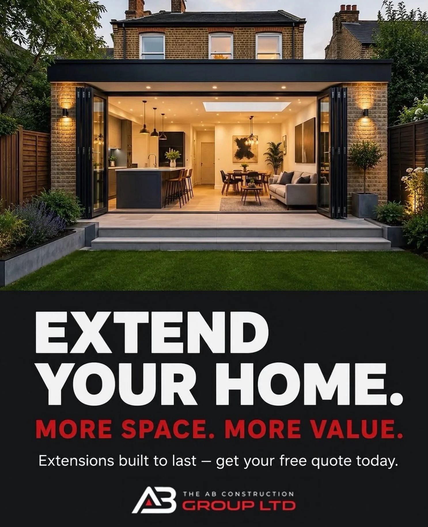 Extend your home with our member @ab_construction_group 
👷
Want more room to live, cook, entertain, and breathe?
🏡
A well-designed extension doesn&rsquo;t just add square footage &mdash; it transforms how you use your home. Bifold doors, open-plan 