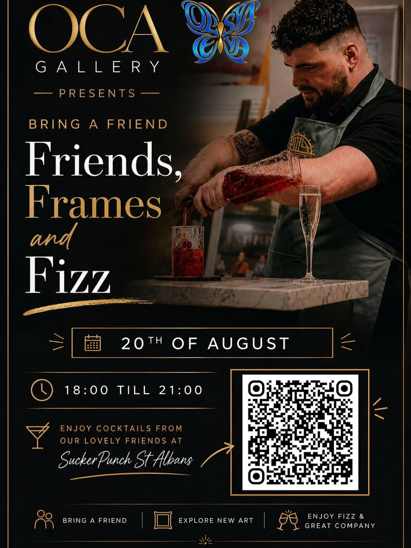 Join our member @ocagallery.stalbans for Friends, Frames &amp; Fizz on 20th August, 6pm-9pm. 
🥂
Bring a friend, discover an exciting selection of new art and enjoy expertly crafted cocktails from our member @suckerpunchbar. 
🖼️
Come join them wheth