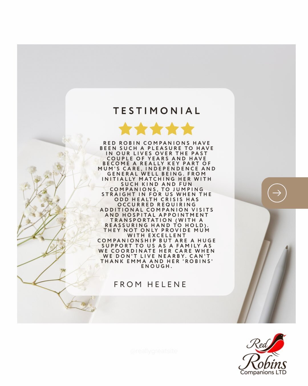 Sometimes, the best way to understand the difference that our member @redrobinscompanions make is to hear it from the people who experience it.
⭐ 
From families describing the team as reliable, caring and flexible, to clients highlighting the genuine