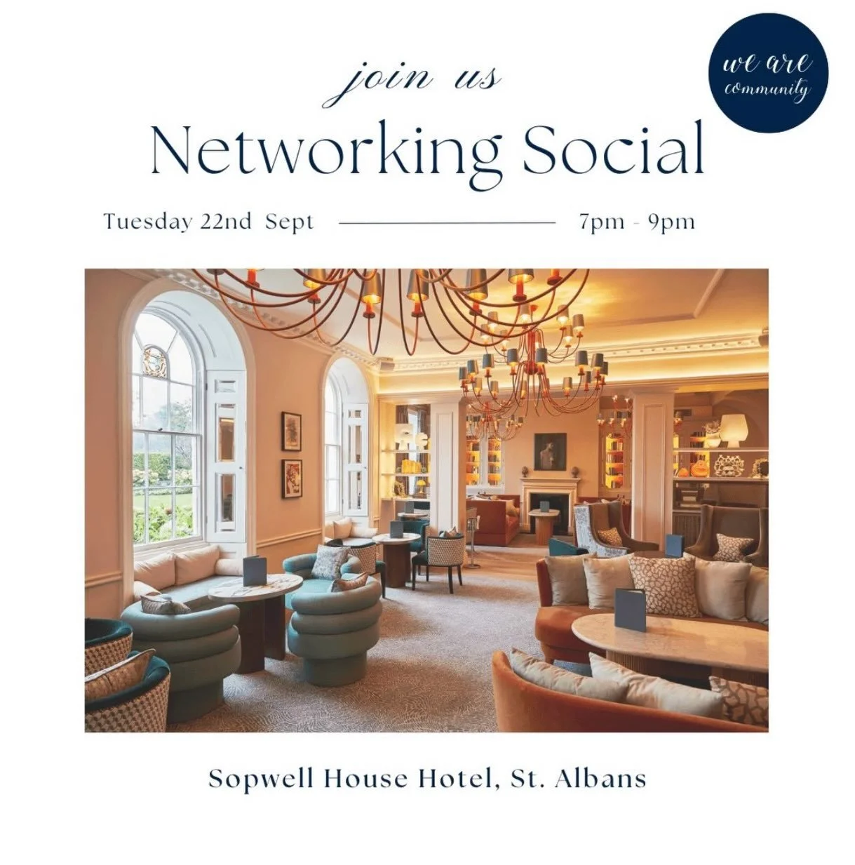 ✨ Networking Social ✨

We would like to invite local businesses, creatives and members of the community to join us at our next We Are Community Networking Social.
🥂
Come and connect with other local businesses, creatives and members of the community