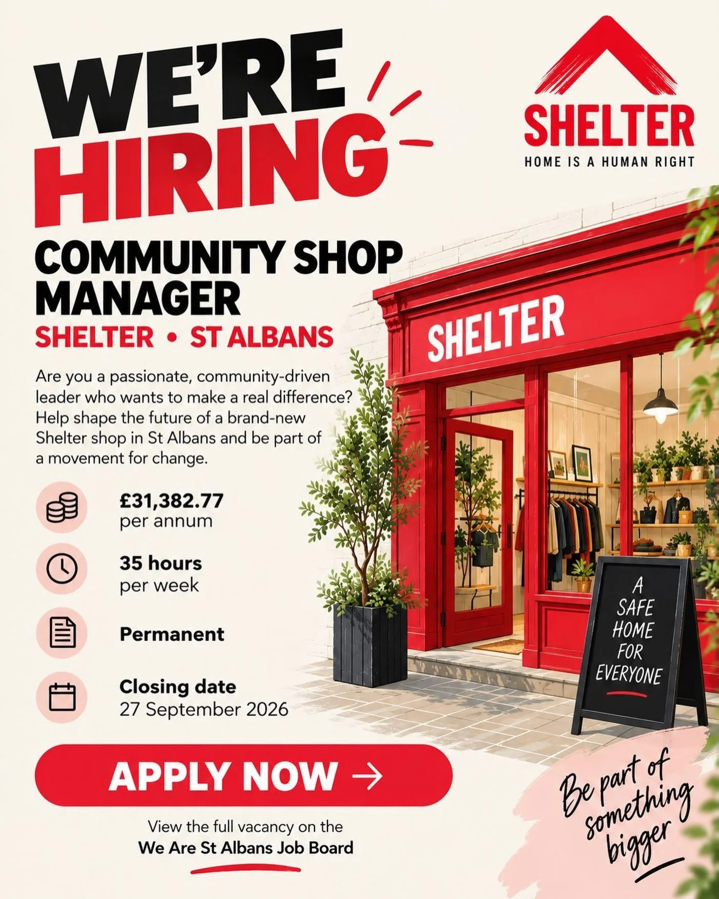 🏡 JOB OPPORTUNITY | SHOP MANAGER &ndash; SHELTER

A brand-new @sheltercharity shop is coming to St Albans, and they&rsquo;re looking for a passionate Community Shop Manager to lead the way.
✨
This is a brilliant opportunity for someone who loves peo