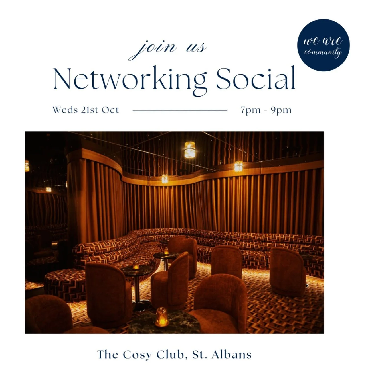 ✨ Networking Social ✨

We would like to invite local businesses, creatives and members of the community to join us at our October We Are Community Networking Social.
🤝
Come and connect with other local businesses, creatives and members of the commun