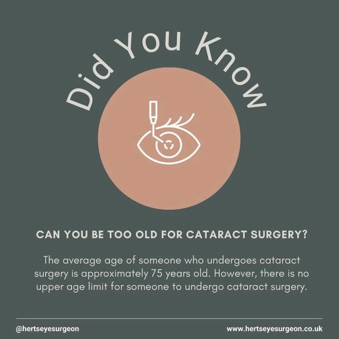 Can I be too old for cataract surgery?
👀
The short answer by our member @hertseyesurgeon is, no! 
🫶
A cataract is an ageing of the natural lens in the eye, causing blurred vision. The average age of someone who undergoes cataract surgery is approxi