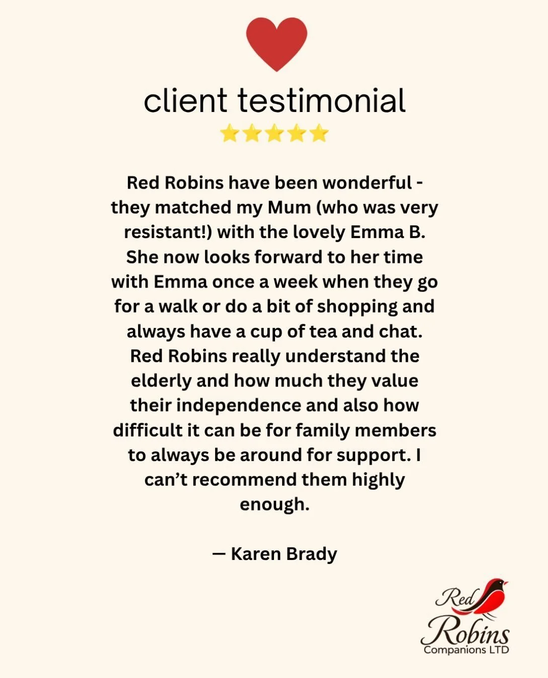 The right match makes all the difference 
🤝
Our member @redrobinscompanions wants to thank Karen, for this lovely review. Hearing that your mum now looks forward to her visits with Emma B means so much.
 🐦
@redrobinscompanions meet every new client