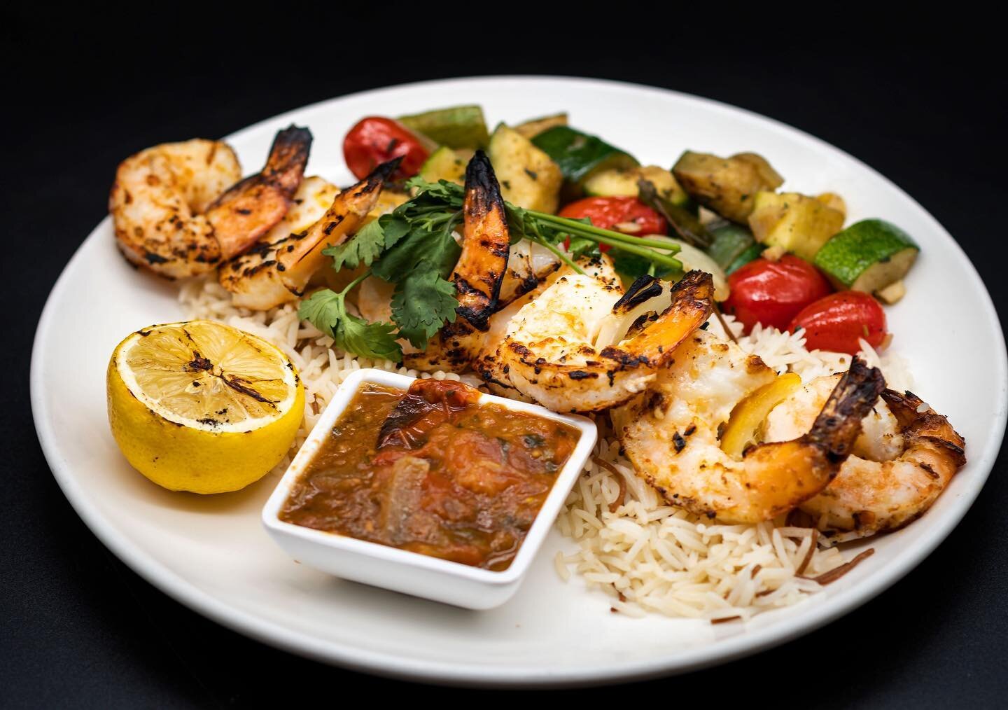 Nothing beats our classic #shrimp #kabob: jumbo shrimp, Lebanese rice pilaf, roasted vegetables, eggplant-pomegranate chutney and grilled lemon.