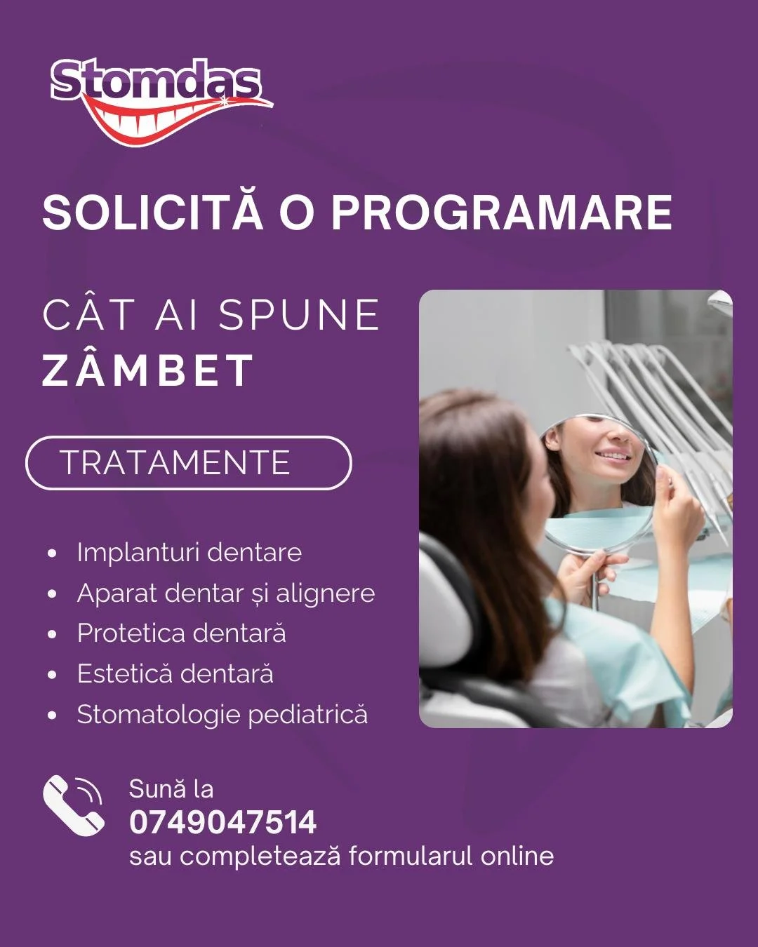 Ai am&acirc;nat vizita la dentist?

Știm că programul e aglomerat&hellip; dar z&acirc;mbetul tău nu ar trebui să aștepte.

📲 Completează formularul online sau sună-ne pentru o programare. 

📞0749047514
👉 clinicastomdas.ro/solicita-o-programare