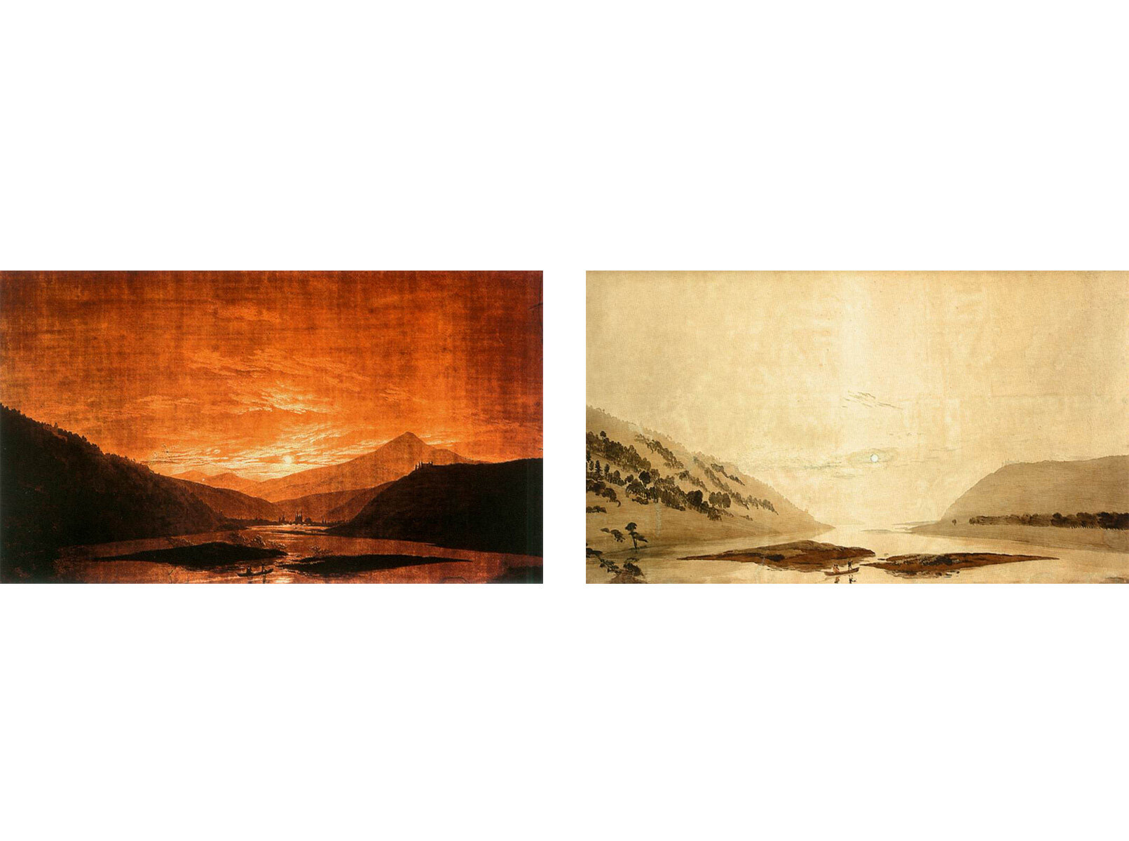 caspar david friedrich, mountainous river landscape (night version) &  mountainous river landscape (day version), mixed media on transparent paper, 76.8 x 127cm, c. 1830-35