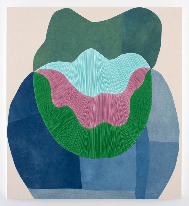 Silent Shell, 2025, Embroidery, hand-dyed fabric, and canvas, 46 x 42 inches